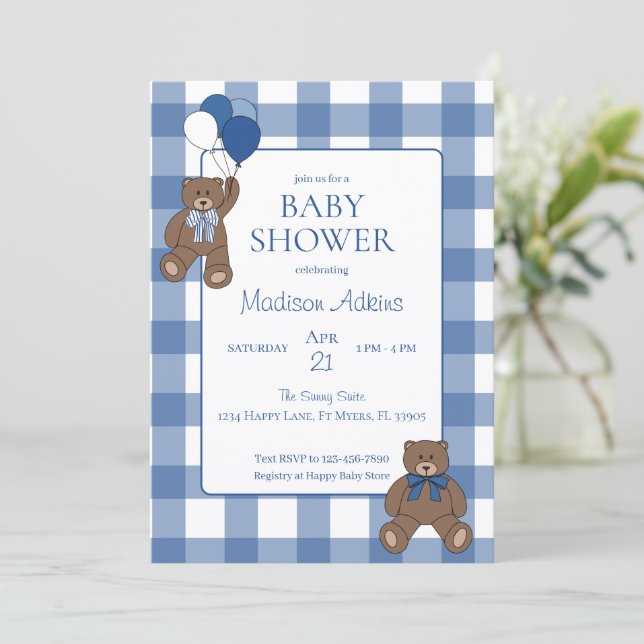 Baby Boy Blue Bearly Teddy Bears Baby Shower Inbjudningar (Stående Fram)
