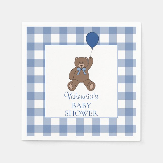 Baby Boy Blue Buffalo Check Teddy Bear Baby Shower Pappersservett (Framsidan)
