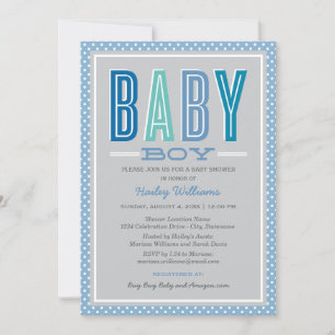 Baby Boy Blue Grå Fet Typ Babykalas Inbjudningar
