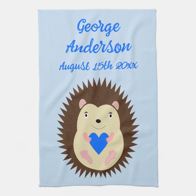 Baby Boy Blue Heart Hedgehog Anpassad Kökshandduk (Vertikal)