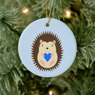 Baby Boy Blue Heart Hedgehog Anpassat Namn Julgransprydnad Keramik
