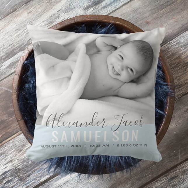 BABY Boy Blue Keepsake Name Birth Date PHOTO Kudde (Skapare uppladdad)