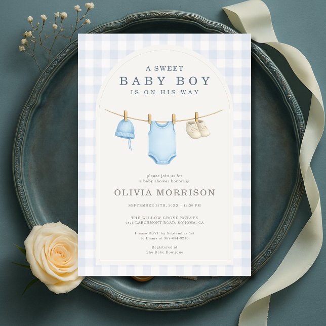 Baby Boy Blue Klädstreck Rutigt Bebisbad Inbjudningar (Skapare uppladdad)