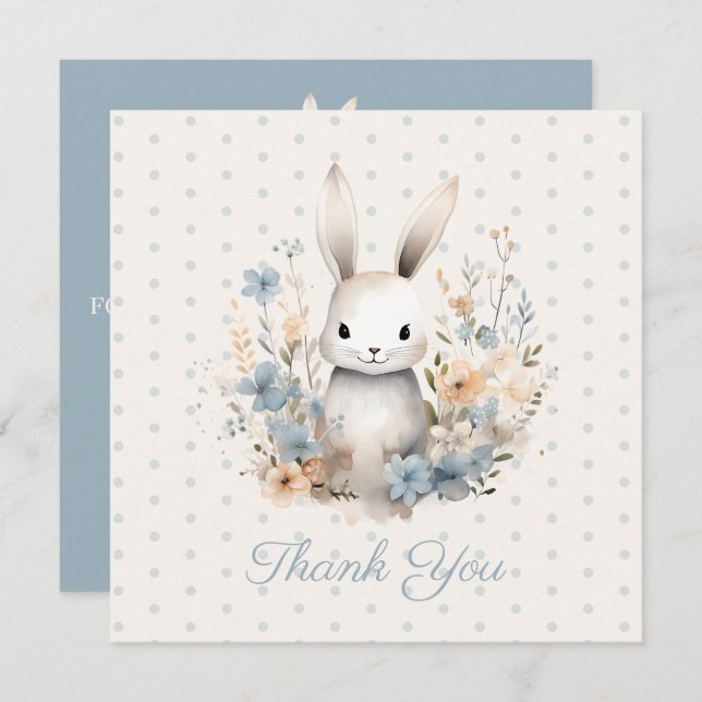 Baby Boy Blue Rabbit and Flowers Baby Shower Tack Kort (Fram/baksida)
