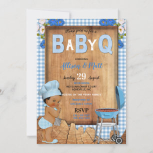 Baby Boy Blue Rutigt Trä Blommor Baby Q Grillning Inbjudningar