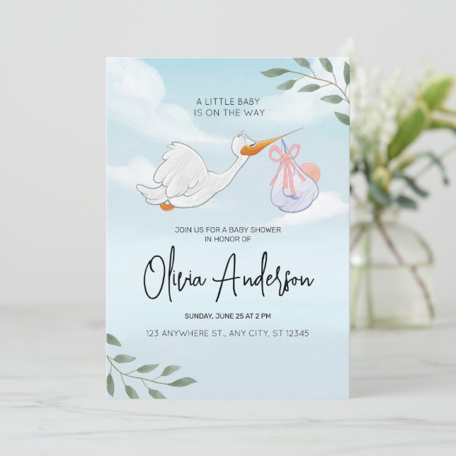 Baby Boy Blue Stork Boho Barnrumsinbjudan Inbjudningar (Stående Fram)