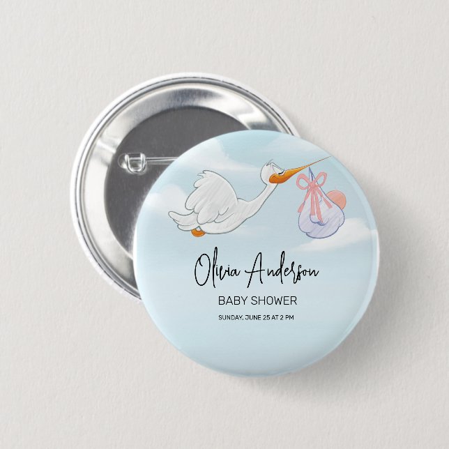 Baby Boy Blue Stork Boho Barnrumsinbjudan Knapp (Framsida & baksida)