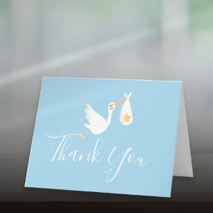 Baby Boy Blue Stork Gold Star Script Tack Kort