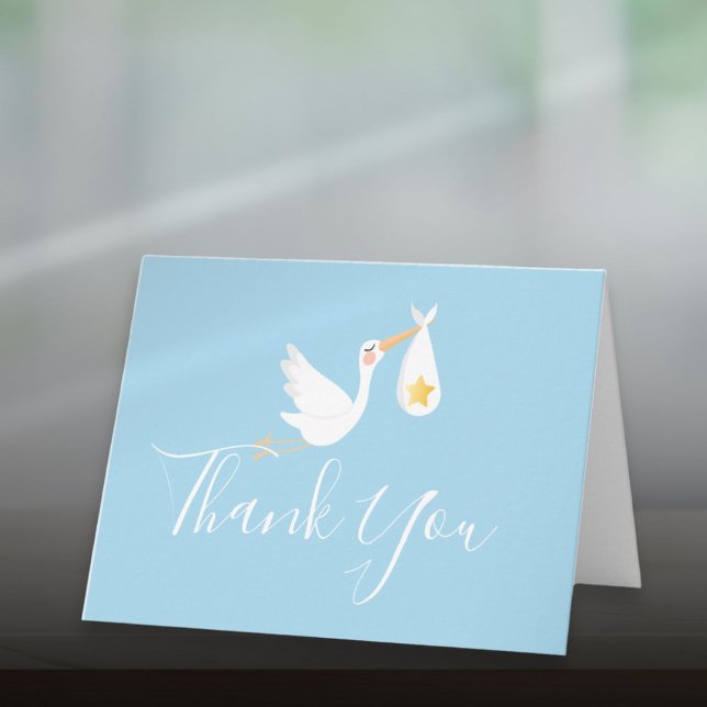 Baby Boy Blue Stork Gold Star Script Tack Kort (Baby Boy Blue Stork Gold Star Script Thank You Card)