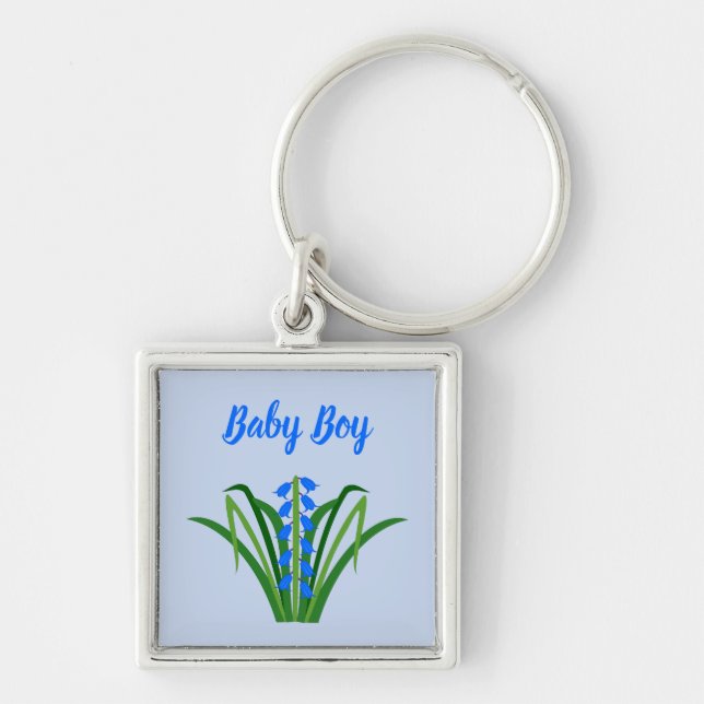 Baby Boy Bluebell Flowers Spring Custom Fyrkantig Silverfärgad Nyckelring (Framsidan)