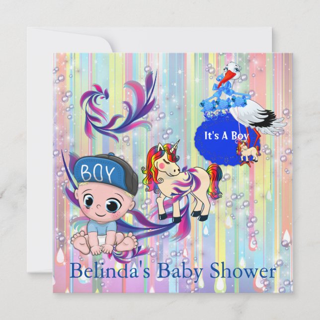 Baby Boy Bubblar & Enhörning Fladder Invitation Anteckningskort (Framsida)
