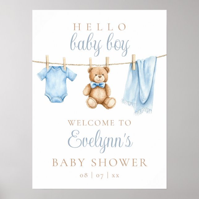 Baby Boy Clothesline Baby Shower Welcome Sign Poster (Framsidan)