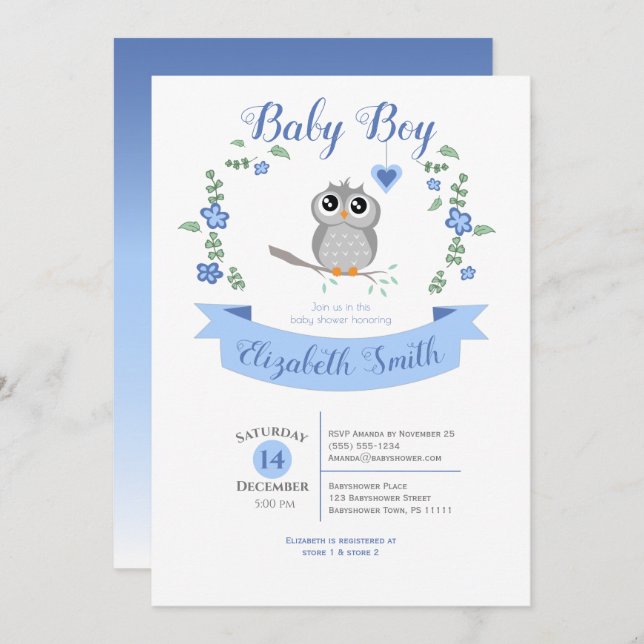 Baby Boy Cute owl babyshower Inbjudningar (Fram/baksida)