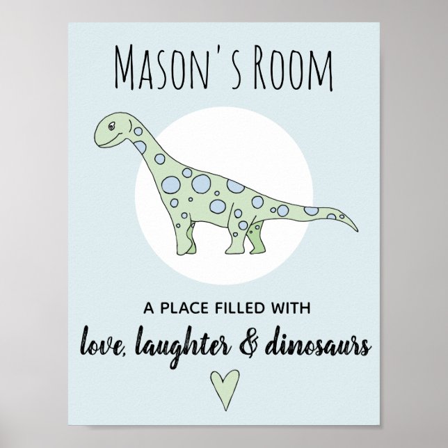 Baby Boy Doodle Grön Dinosaurie och Namn Barnkamma Poster (Framsidan)