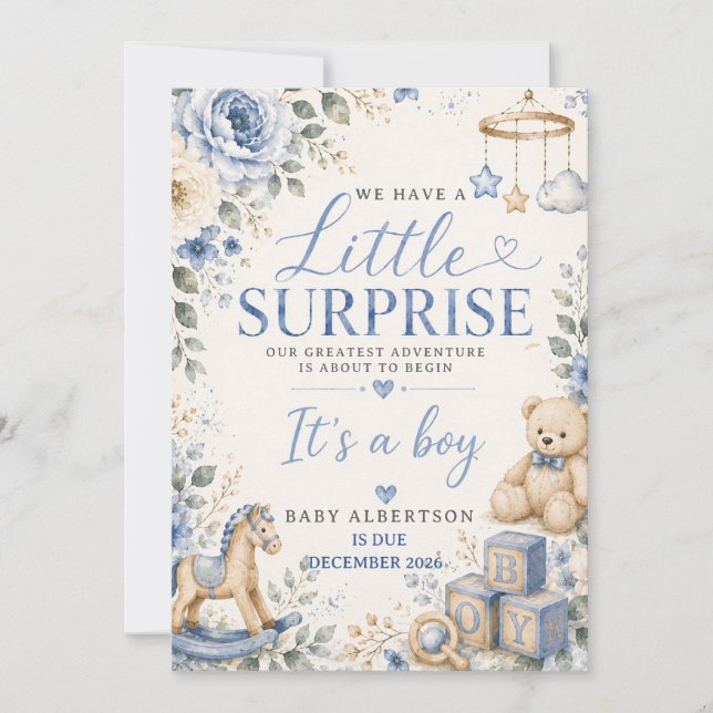 Baby Boy Dusty Blue Blommig Graviditetsannonsering Inbjudningar (Framsida)