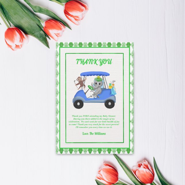 Baby Boy Elefant & Monkey Golf Baby Shower Tack Kort (Skapare uppladdad)