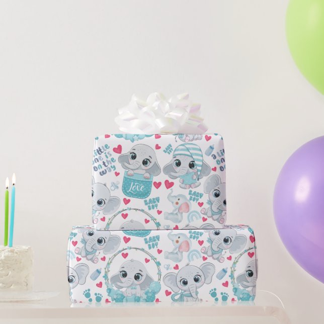 Baby Boy Elephant Cute Blue Baby Shower Baptism  Presentpapper (Festgåvor)