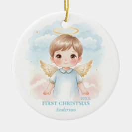 Baby Boy First Christmas Blue Angel Photo Julgransprydnad Keramik