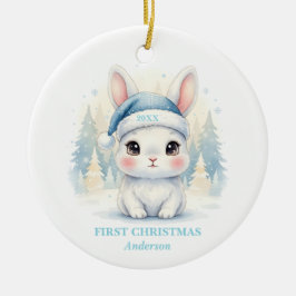 Baby Boy First Christmas Blue Bunny Photo Julgransprydnad Keramik