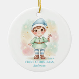 Baby Boy First Christmas Blue Elf Photo Julgransprydnad Keramik