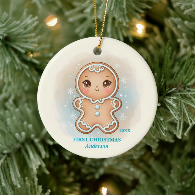 Baby Boy First Christmas Blue Gingerbread Photo Julgransprydnad Keramik (Träd)