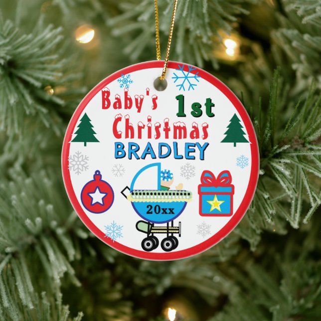 Baby Boy First Christmas Blue Hat NAME Julgransprydnad Keramik (Träd)