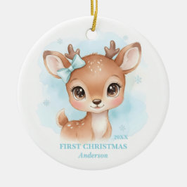 Baby Boy First Christmas Blue Reindeer Photo Julgransprydnad Keramik