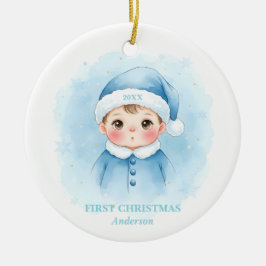 Baby Boy First Christmas Blue Santa Photo Julgransprydnad Keramik