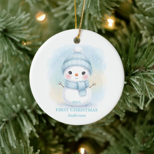 Baby Boy First Christmas Blue Snowman Photo Julgransprydnad Keramik (Träd)