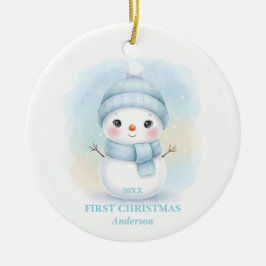 Baby Boy First Christmas Blue Snowman Photo Julgransprydnad Keramik