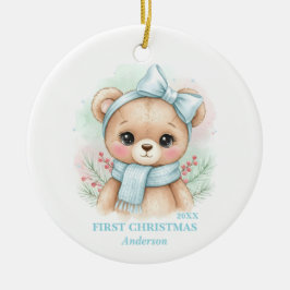 Baby Boy First Christmas Blue Teddy Bear Photo Julgransprydnad Keramik