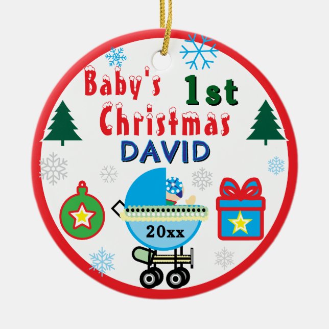 Baby Boy First Christmas Blue White Carriage NAME Julgransprydnad Keramik (Framsidan)