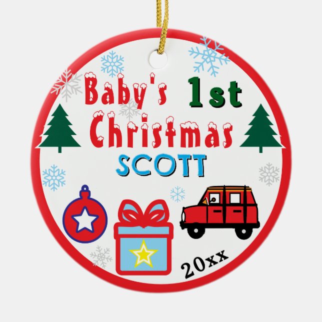 Baby Boy First Christmas Red  Car NAME Julgransprydnad Keramik (Framsidan)