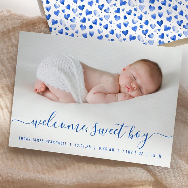 Baby Boy Foto Blå Skript Hjärtan Födelse Meddelande (Skapare uppladdad)