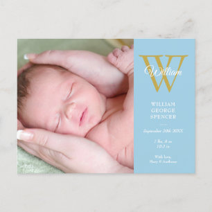 Baby Boy Foto Collage Script Monogram Blå Födelse Meddelande Vykort