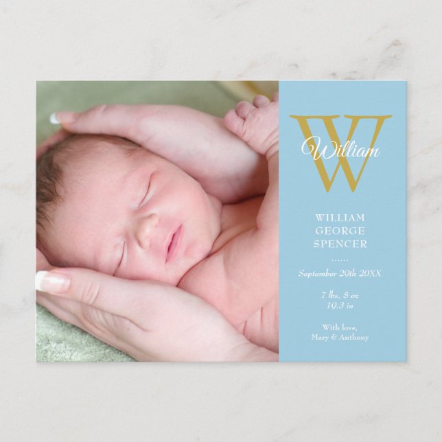 Baby Boy Foto Collage Script Monogram Blå Födelse Meddelande Vykort (Framsida)