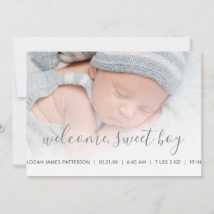 Baby Boy Foto Födelsekungörelse Grå Quatrefoil Meddelande