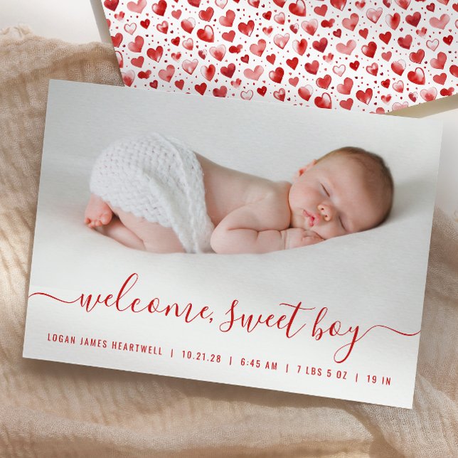 Baby Boy Foto Röd Script Hjärter Födelse Meddelande (Skapare uppladdad)