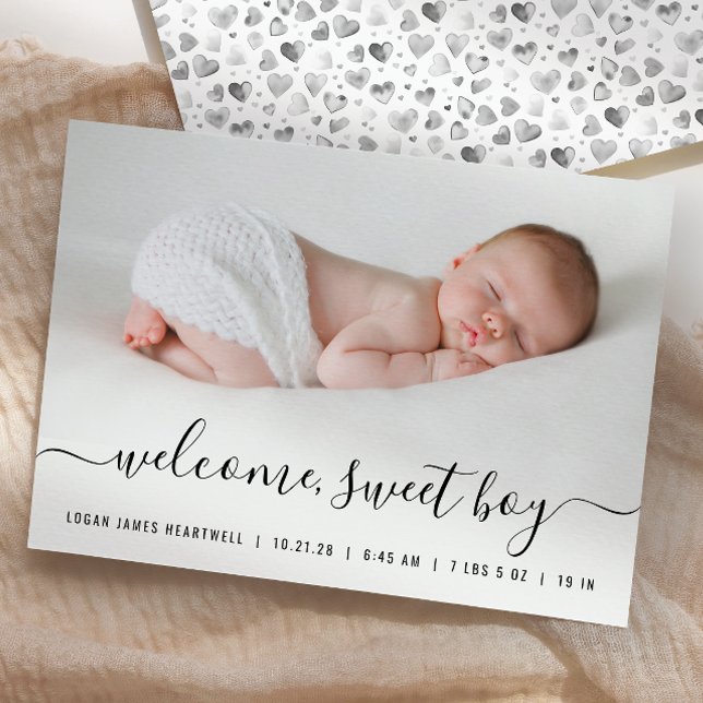 Baby Boy Foto Svart Vitt Skript Hjärtan Födelse Meddelande (Skapare uppladdad)