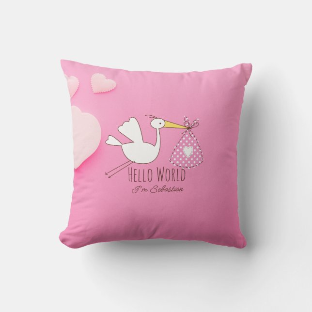 Baby Boy Hello World Sebastian Pink Nursery Pillow Kudde (Framsida)