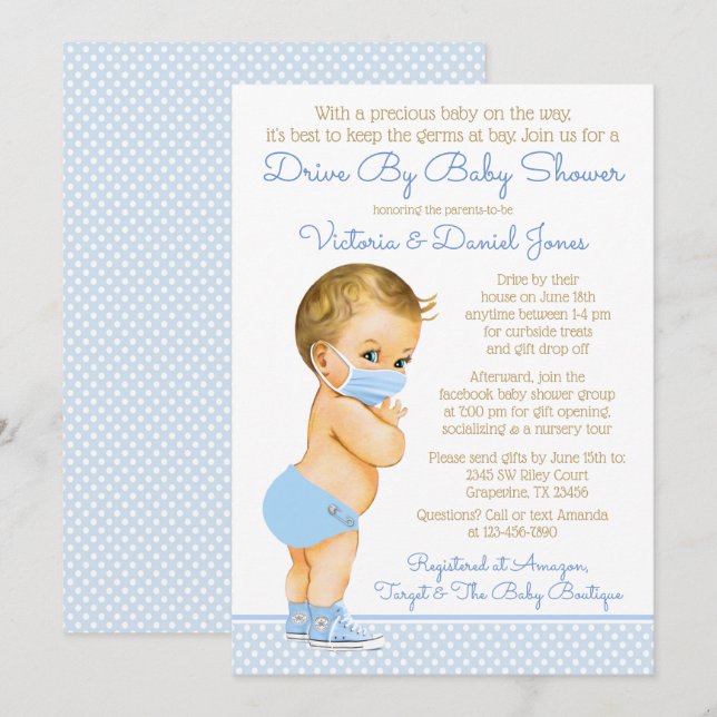 Baby Boy Med Mask Drive By Baby Shower Inbjudningar (Fram/baksida)
