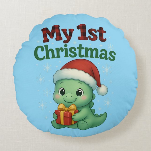 Baby Boy My 1st Christmas Dino Rund Kudde (Framsidan)