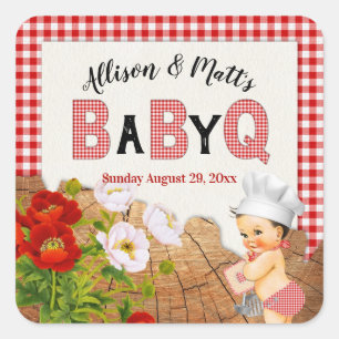 Baby Boy Red Gingham Trä Blommig Baby Q Grill Fyrkantigt Klistermärke