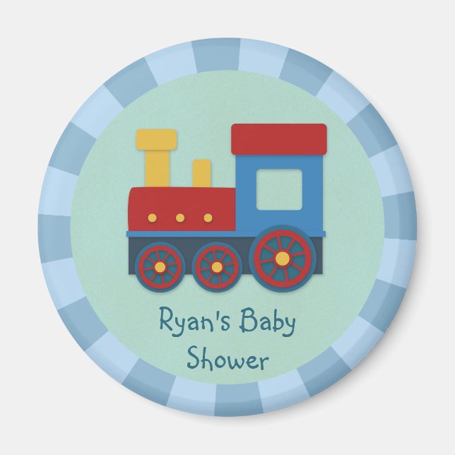 Baby Boy Shower: Gul, Röd & Blå Tåg Magnet (Framsidan)