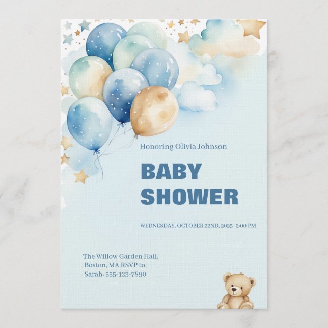 Baby Boy Shower Invitation | Blue Teddy Bear Inbjudningar (Framsida)