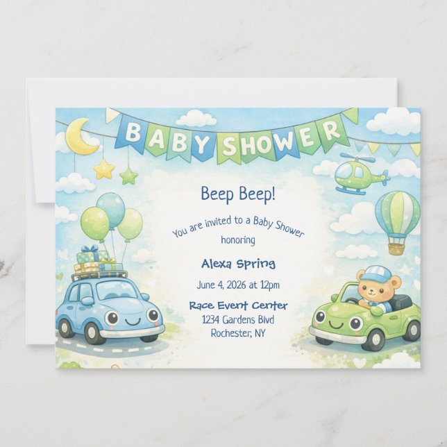 Baby Boy Shower Invitation Car Theme Inbjudningar (Framsida)
