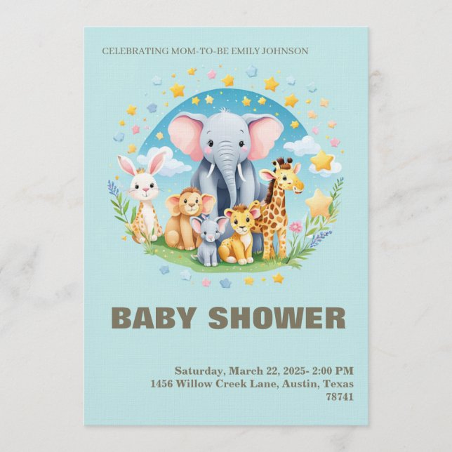 Baby Boy Shower Invitation Cartoon Animals Inbjudningar (Framsida)