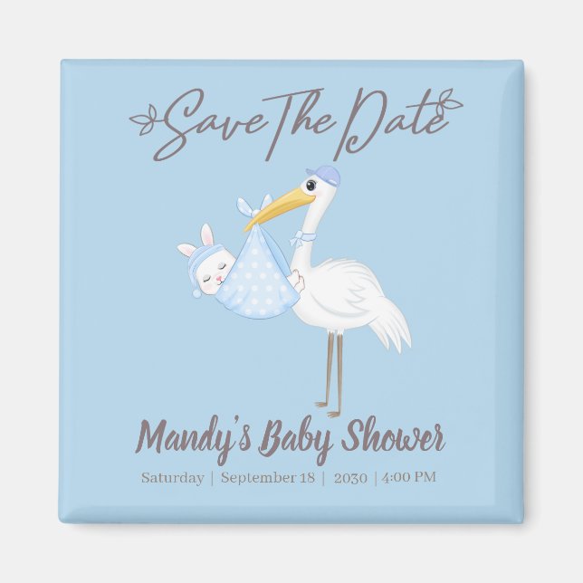Baby Boy Stork Blå Shower Spara Datum Magnet (Framsidan)