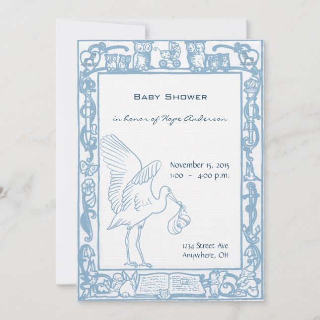 Baby Boy Stork & Uggla Kant Dusch Tillkännagivande (Framsida)