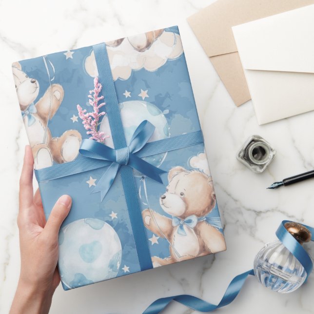 Baby Boy Teddy Bear Flytande Ballong Presentpapper (Gifting)